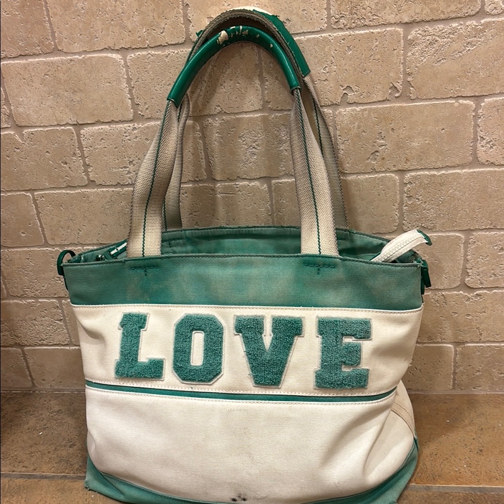 Tory Sport Green and White Canvas Tote Bag